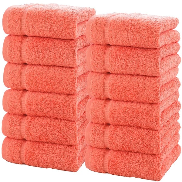 Hawmam Linen 12-Piece Coral Orange Luxury Cotton Washcloths 13 x 13 -Hotel Spa Small Bath Towel Set