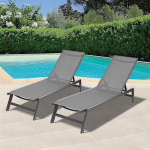 Outdoor 2-Pieces Set Chaise Lounge Chairs, 5-Position Adjustable Aluminum Recliner, Grey Frame/Dark Grey Fabric