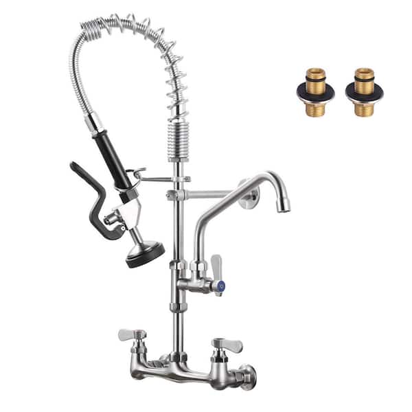 21" Ht Triple Handles Commercial Brass Pull Down Sprayer Kitchen Faucet Pre-Rinse Sprayer and 9.6" Swing Spout in Nickel