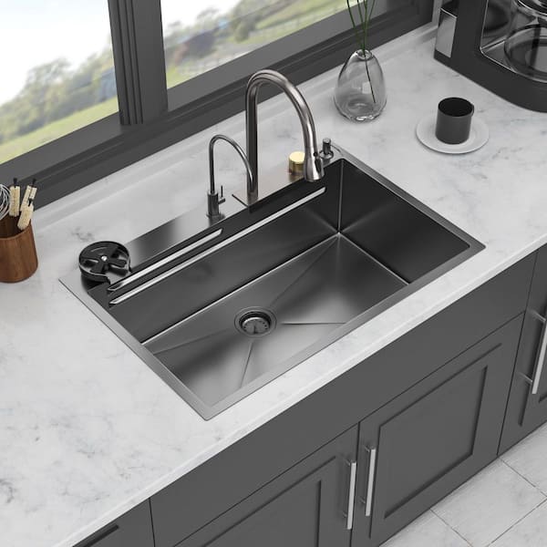 33 in. Drop-in Single Bowl 16 Gauge Gunmetal Black Stainless Steel Kitchen Sink with Faucet and Bottom Grids,Drain Board