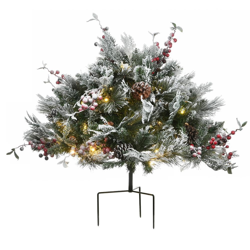 National Tree Company 22 in. Artificial Christmas Snowy Bedford Pine Urn  Filler with 50 Warm White Battery Operated LED Lights with Timer  SBE1-300-22U-B The Home Depot