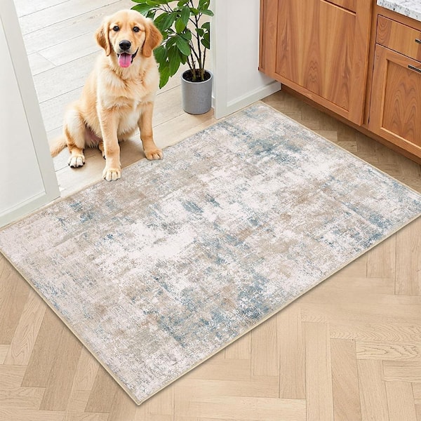 Van Gogh Beige/Blue 2 ft. x 3 ft. Modern Abstract Area Rug