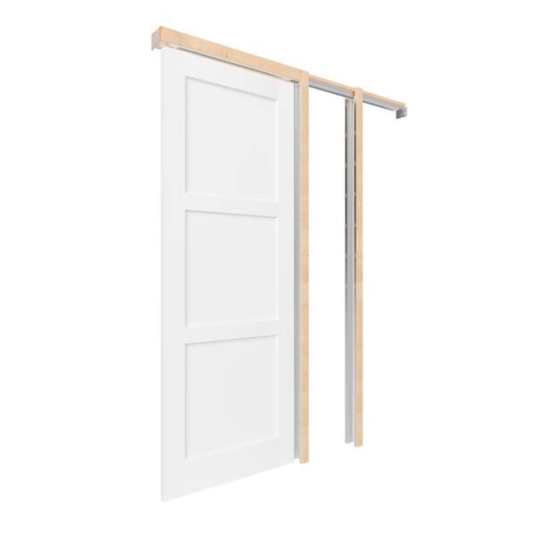 TENONER 60 in. x 80 in. 3-Panel MDF White Primed, can be Painted Pre-Finished Door Panel Pocket Door Frame with All Hardware