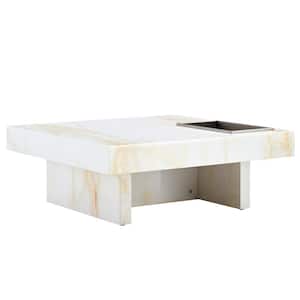 White Modern Square Faux Marble Wood Coffee Table with Stainless Steel Storage