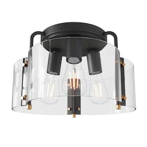 13.77 in. 3-Light Industrial Black Flush Mount Modern Ceiling Lighting Fixture with Clear Glass Shade