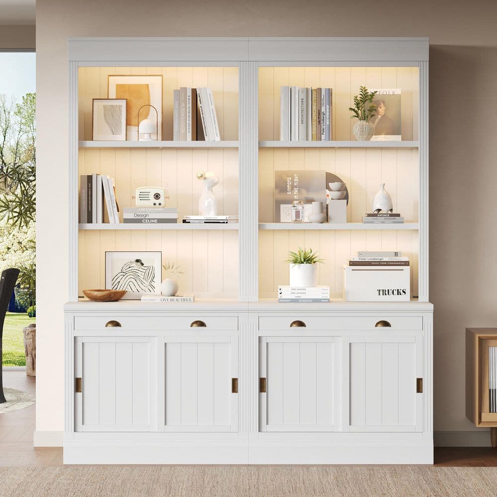 Led Bookcase Polibi 83.4 in. Tall White Solid Wood Bookcase with Sliding Doors, LED ...