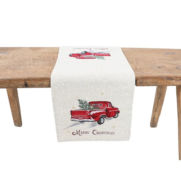 Manor Luxe 15 in. x 90 in. Merry Christmas Truck EmbroideredTable Runner, Natural