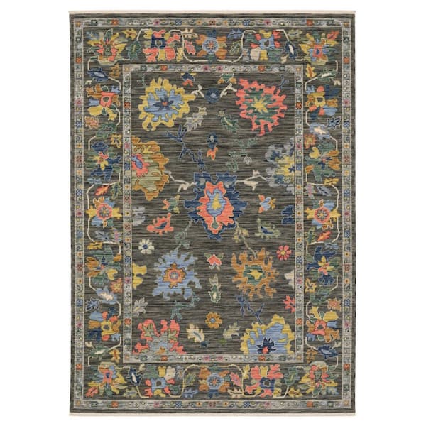 7' X 10' Gray Yellow And Blue Oriental Area Rug With Fringe
