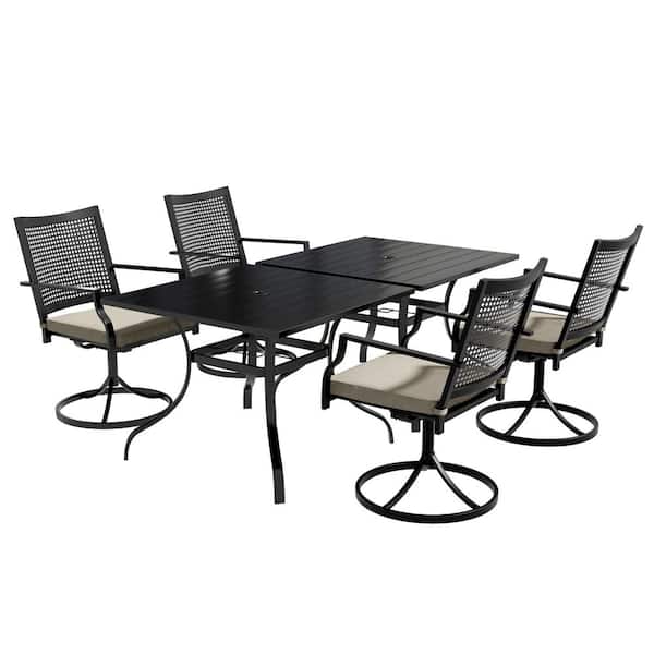 6-Piece Metal Outdoor Dining Set, Swivel Rockers with Beige Cushion, Steel Tables, Umbrella Holes, Rust-Resistant