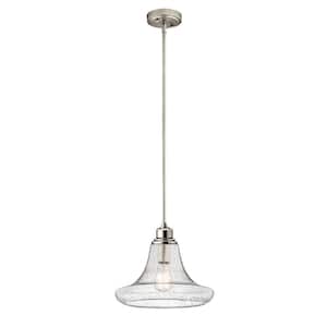 1-Light Satin Nickel Contemporary Mini Pendant with Clear Seeded Glass Shade