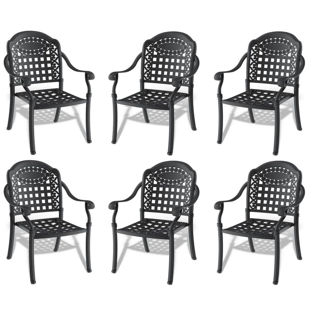 Black Cast Aluminum Outdoor Dining Chair with Random Solid Color Cushions 6