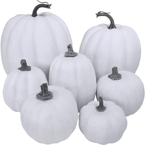 Assorted Artificial White Pumpkins (7-Pack), Halloween Faux Rustic Decorative Foam Pumpkins for Halloween Tabletop