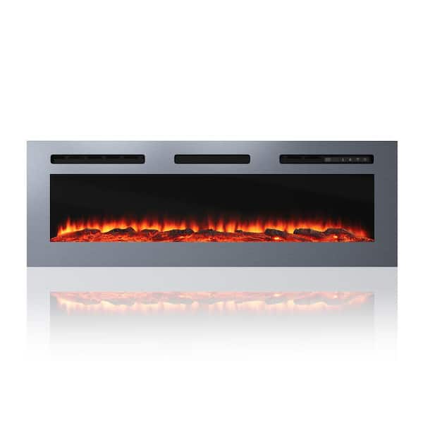 50 in. Stainless Steel Wall Mounted Electric Fireplace with Remote Control in Silver