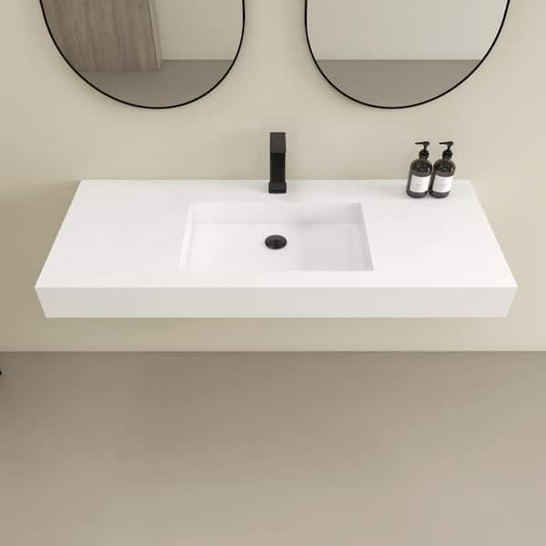 Vetra 47 x 19 in. Solid Surface Wall Mount or Countertop Bathroom Vessel Sink with Faucet Holes in Matte White