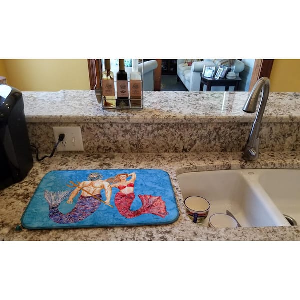 Caroline's Treasures 14 in. x 21 in. Multicolor Mermaid and Merman Dish Drying Mat