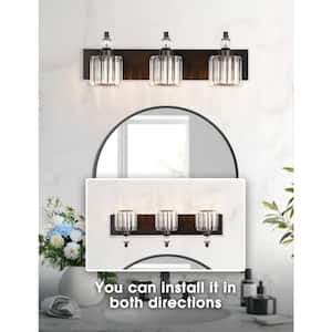 24 in.3-Light Black Round Crystal Bathroom Integrated LED Vanity Light Fixture with 3CCT Function