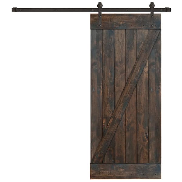Pacific Entries 36 in. x 84 in. Rustic Espresso Plank Knotty Alder Sliding Barn Door Kit with Oil Rubbed Bronze Hardware Kit