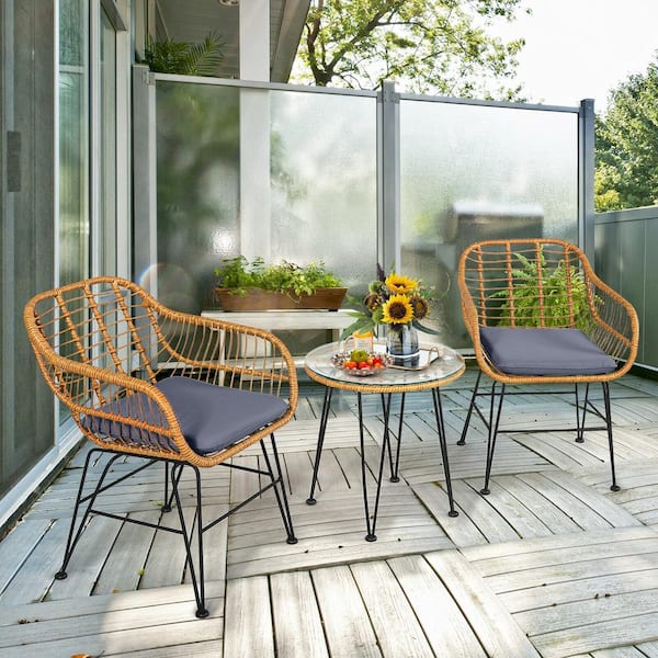 Liviza 3-Piece Wicker Patio Conversation Set with Gray Cushions