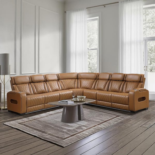 Clumber 128 in. Pillow Top Arm Faux Leather 3-Piece Power Reclining Sectional Sofa with Drop-Down Cup Holder in Brown
