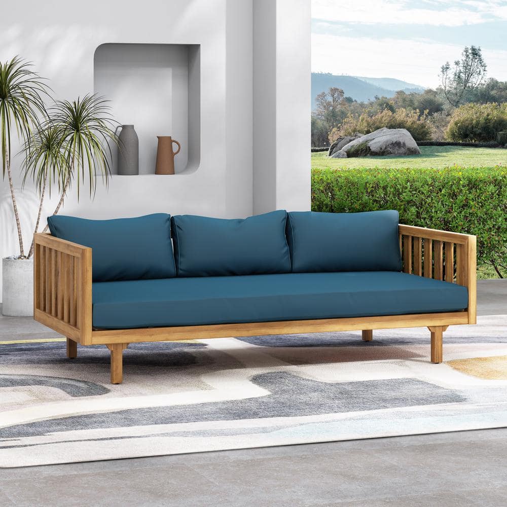 Teak Wood 3-Seater Outdoor Day Bed with Arms and Drak Green Cushion