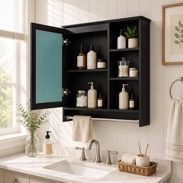 Nora 30 in. W x 28 in. H Rectangular MDF Surface Mount Framed Medicine Cabinet with Mirror in Black