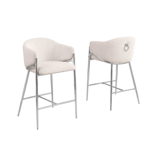 Best Quality Furniture Nadia Cream Boucle Fabric Bar Stools Set of 2 With Chrome Legs