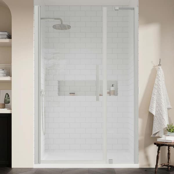 OVE Decors Pasadena 48 in. L x 36 in. W x 75 in. H Alcove Shower Kit w/ Pivot Frameless Shower Door in Satin Nickel and Shower Pan