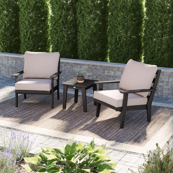 POLYWOOD Grant Park Black 3-Piece Plastic Patio Conversation Deep Seating Set with Dune Burlap Cushions
