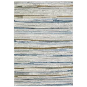 Emory Beige/Blue 3 ft. x 5 ft. Abstract Stripe Distressed Polypropylene Polyester Blend Indoor Area Rug