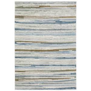 Emory Beige/Blue 5 ft. x 8 ft. Abstract Stripe Distressed Polypropylene Polyester Blend Indoor Area Rug