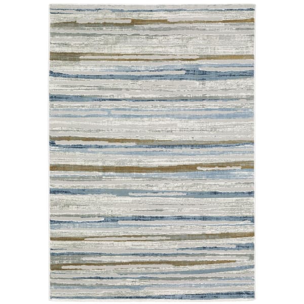 AVERLEY HOME Emory Beige/Blue 7 ft. x 10 ft. Abstract Stripe Distressed Polypropylene Polyester Blend Indoor Area Rug