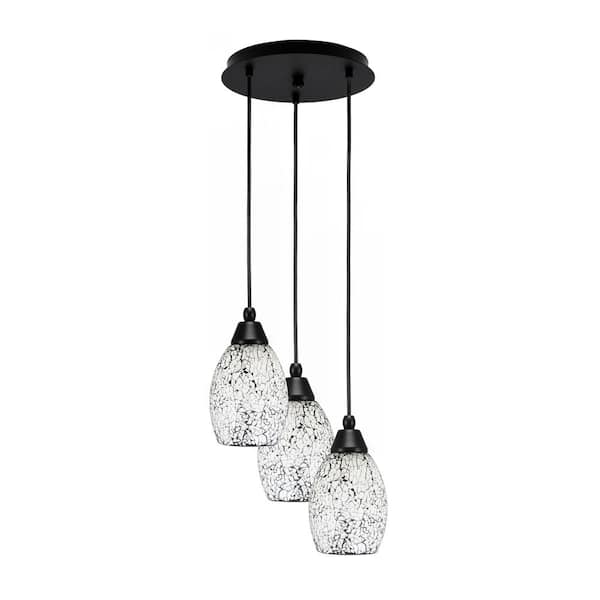 Unbranded Savannah 10 in. 3-Light Matte Black Cord Pendant Light Black Fusion Glass Shade