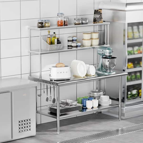 60 x 30 in. Silver Stainless Steel Kitchen Prep Table with Overshelves and Detachable Hooks