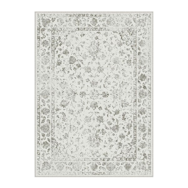 HaiiMeid Edward White 8 ft. x 10 ft. Washable Distressed Vintage Floral Area Rug