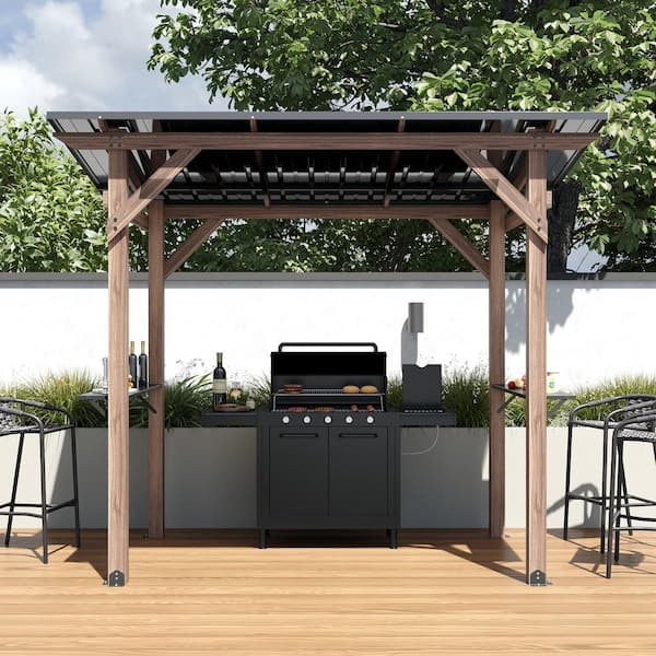 8.6 ft. x 5 ft. Modern Shade Grill Gazebo, Cedar Wood Gazebo with Galvanized Steel Roof and Shelves for Barbecue, Garden