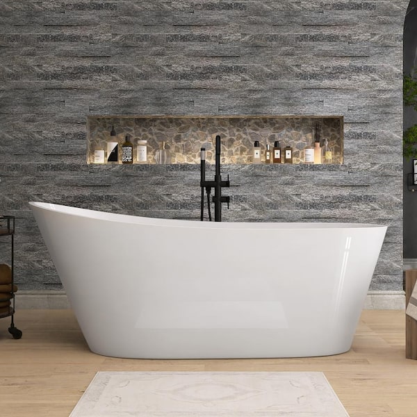 Zeafive 59 in. x 29.15 in. Acrylic Alone Soaking Tub Flatbottom Freestanding Bathtub with Anti-Clogging Drain in Glossy White