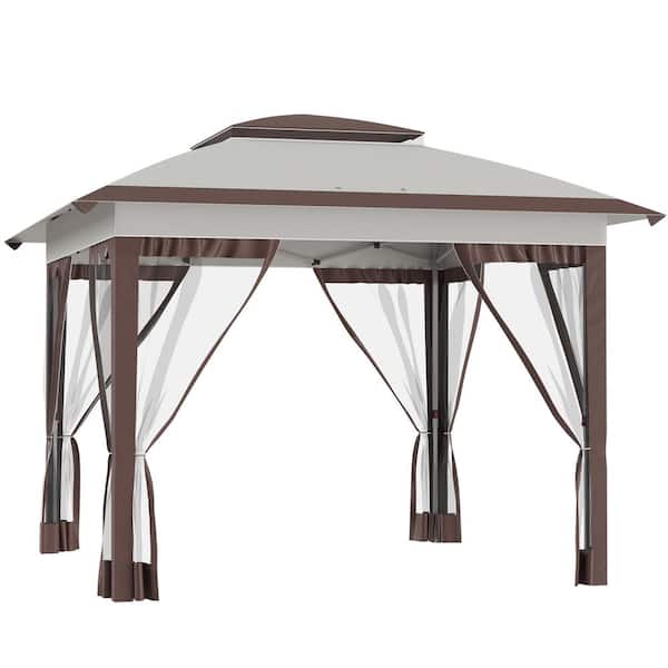 12 ft. x 12 ft. Beige and Brown Pop Up Canopy Tent with Netting and Carry Bag Instant Sun Shelter Height Adjustable