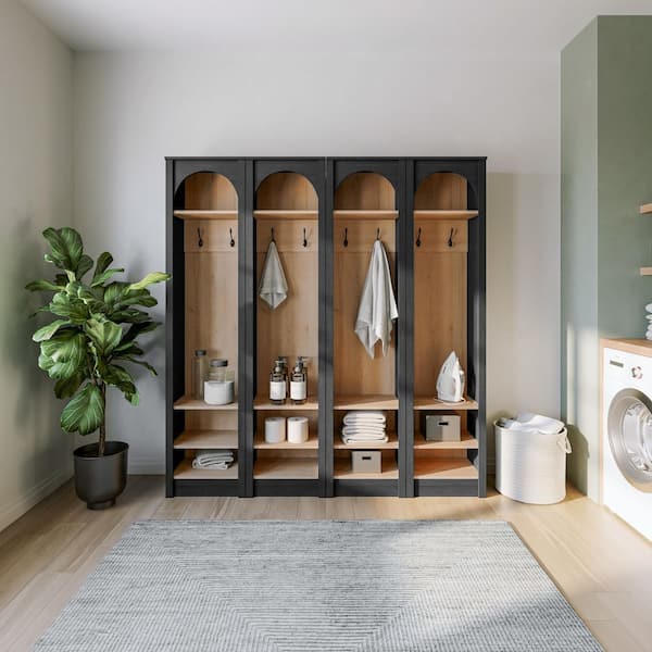 Prepac Ark Black Oak Arched Entryway Coat Rack with Coat Hooks