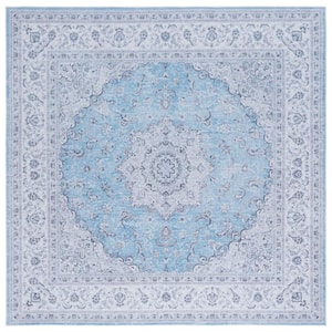 Tucson Blue/Gray 6 ft. x 6 ft. Machine Washable Border Floral Medallion Square Area Rug