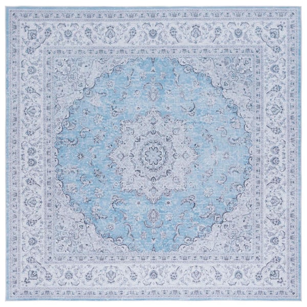 SAFAVIEH Tucson Blue/Gray 6 ft. x 6 ft. Machine Washable Border Floral Medallion Square Area Rug