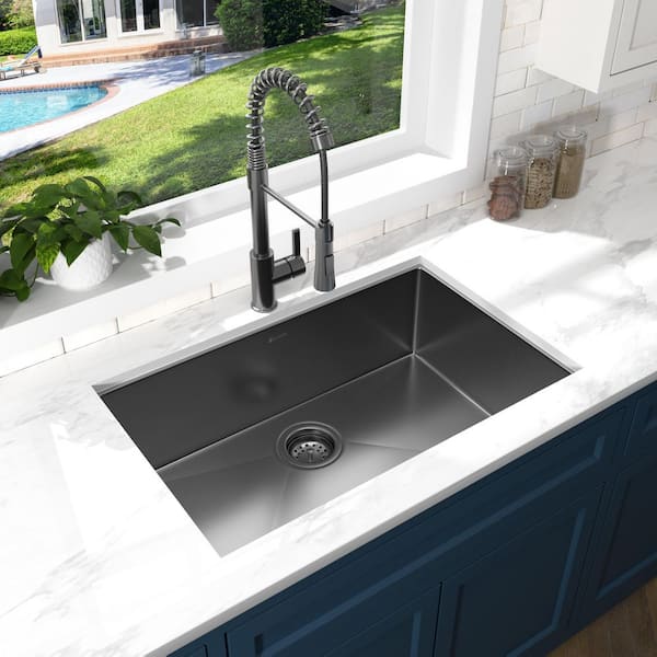 31 in. Undermount Single Bowl 18 Gauge Gunmetal Black Stainless Steel Kitchen Sink with Black Spring Neck Faucet
