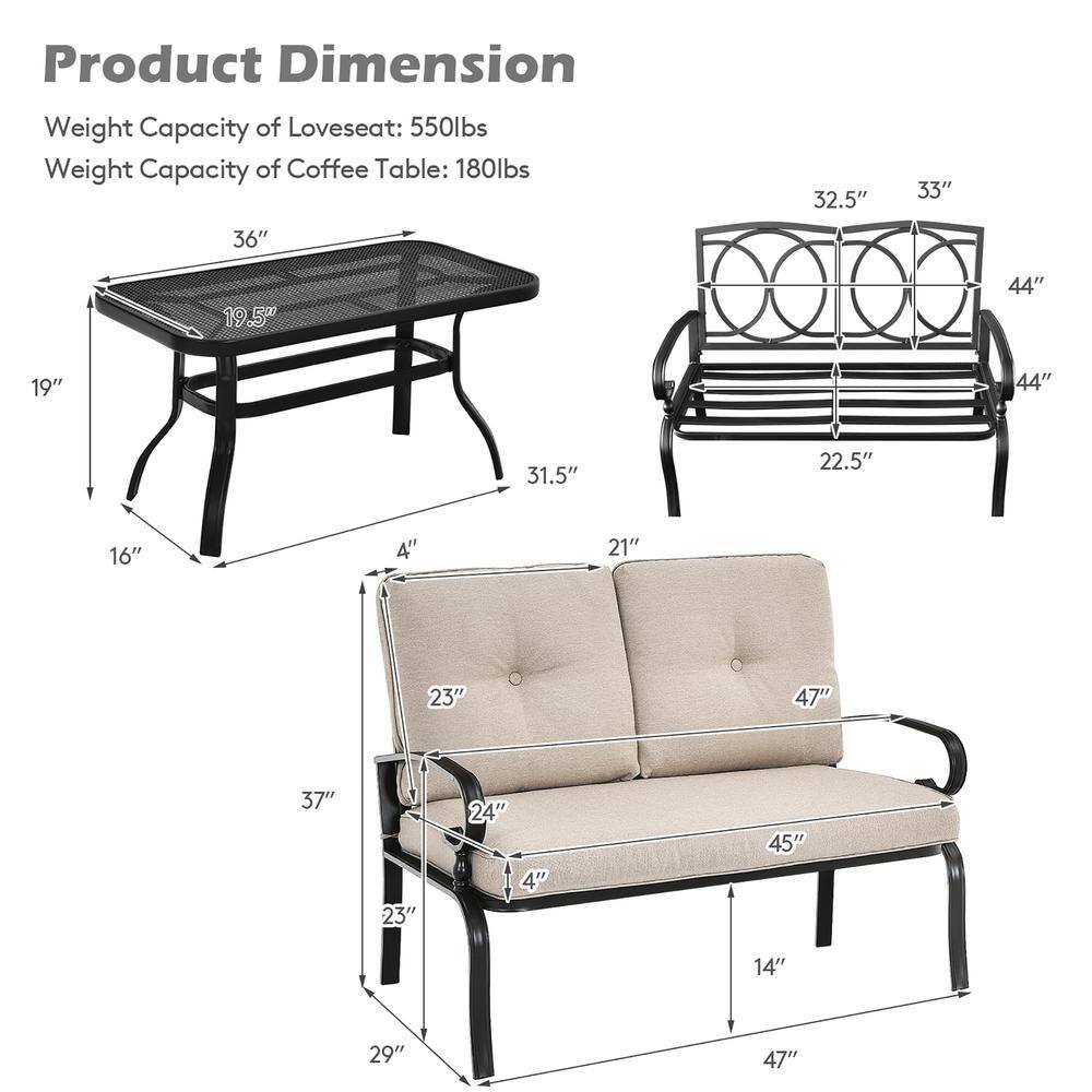 Modern Black Steel Outdoor Loveseat with Beige Cushions and Coffee Table