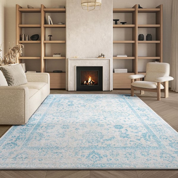 Adirondack 3 ft. x 4 ft. Ivory/Light Blue Border Distressed Area Rug