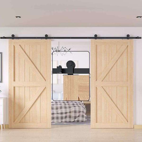 9 ft. /108 in. Top Mount Sliding Barn Door Hardware Track Kit for Double Doors with Non-Routed Floor Guide