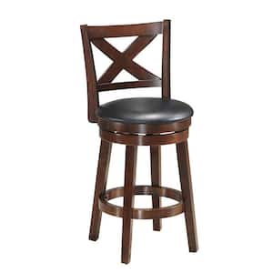 39 in. Espresso and Black Low-Back Accent Wooden 24 in. Bar Stool with PVC Upholstered Seat and Footrest