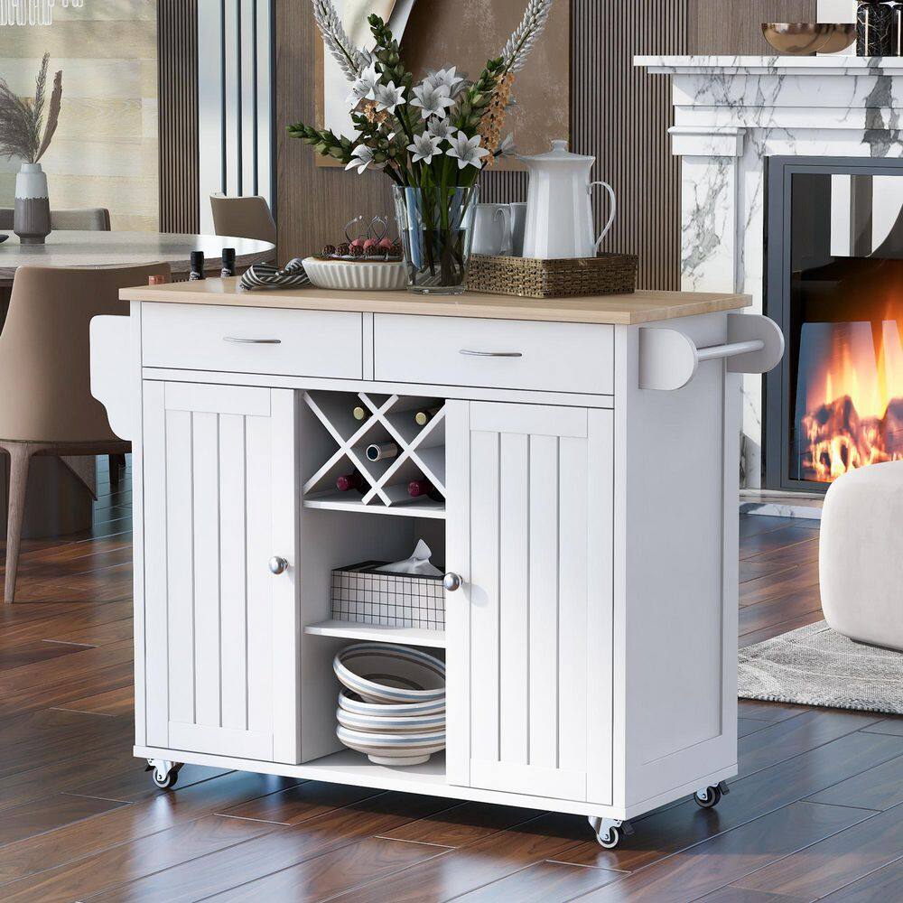 White Kitchen Island on 4Wheels with 2Storage and Wine Rack and Towel Rack