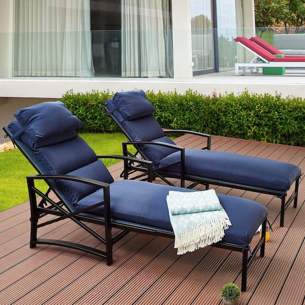 outdoor lounge chairs with blue cushions