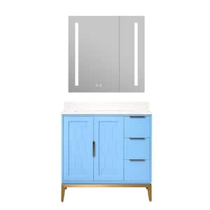 36 in.W x 22 in.D x 35 in.H Single Sink Freestanding Bath Vanity in Blue w/White Quartz Top, LED Mirror Cabinet Dimmer