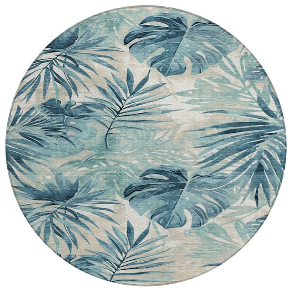 Chantille Machine Washable Indoor/Outdoor Abstract ACN1886 Teal 8 ft. x 8 ft. Round Rug