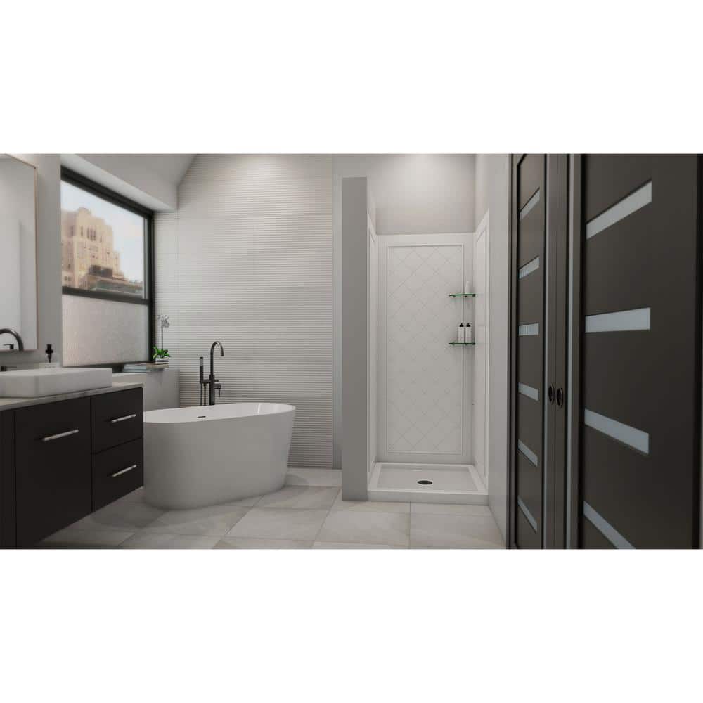 White Acrylic Square Alcove Shower Kit with Tile Pattern